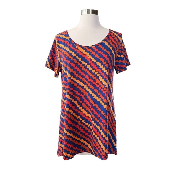 LuLaRoe Classic Tee Women's Size M Red Orange Blue Print Short Sleeve Hi-Lo Top - Picture 1 of 6